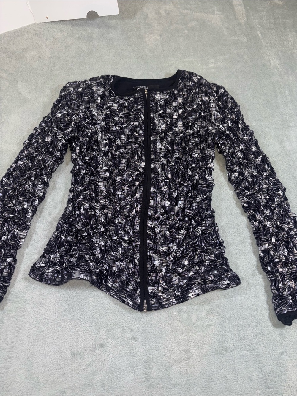 Frank Lyman Black & Silver Metallic Crinkle Zip-Up Jacket - Size 4